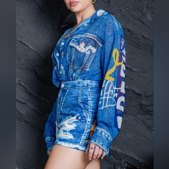 Casual Denim Effect Chiffon Blouse & Short Set Blue - Picture 3 of 16